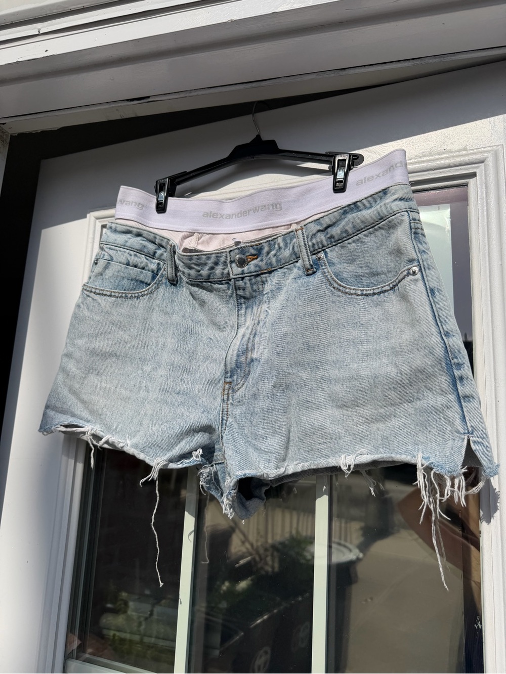 Alexander Wang Light Blue Distressed Denim Shorts with Underwear Detail